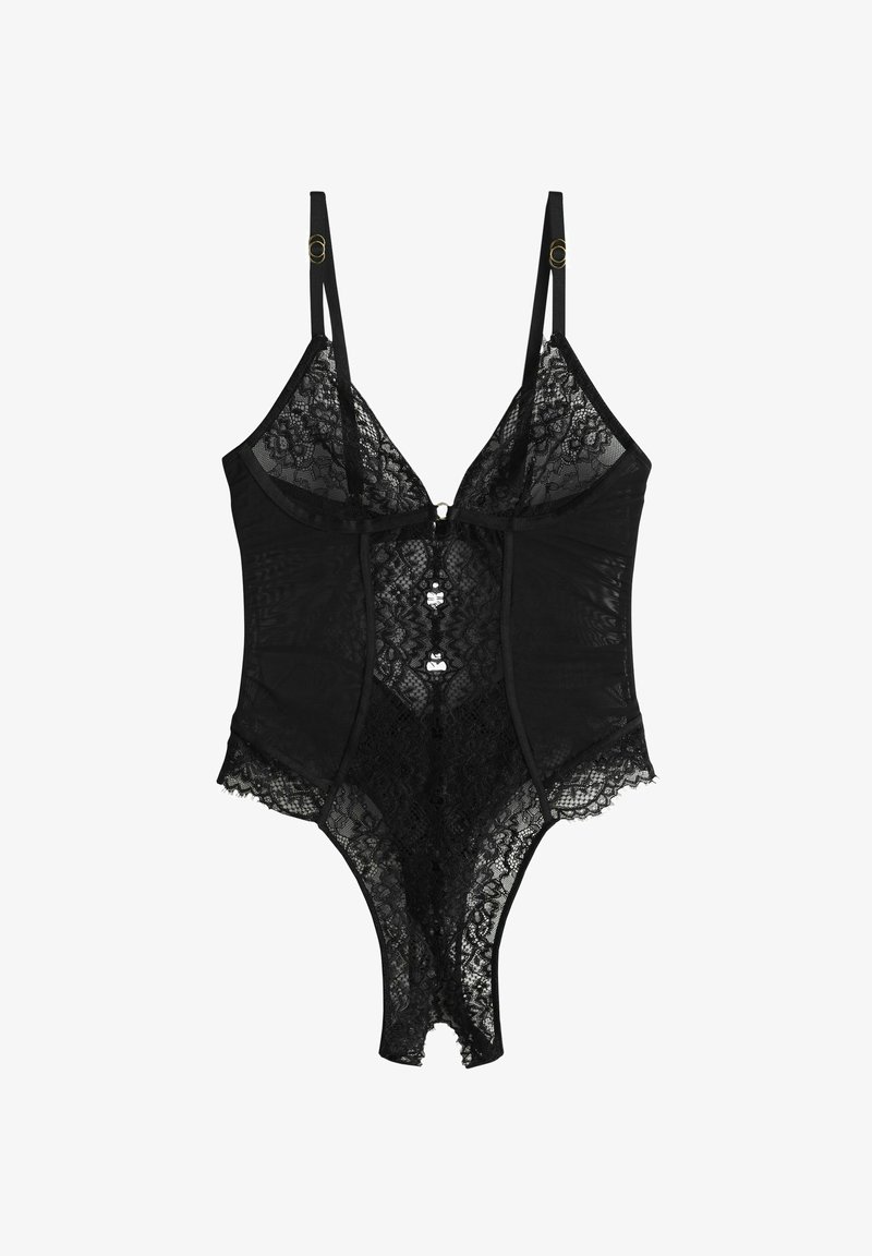 Body de encaje negro con tirantes ajustables, escote corazón y detalle de botones en la parte delantera. Encaje transparente con bordes en forma de ondas.