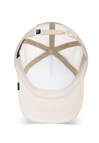 Gorra de béisbol color beige con un panel frontal sólido, parte posterior de malla y cierre ajustable a presión. El forro interior presenta el texto impreso "LA GRANJA".