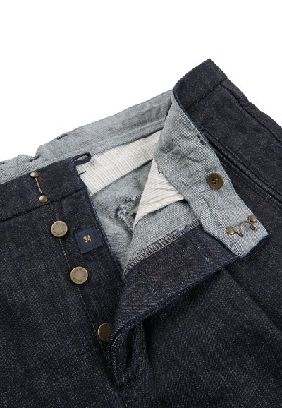 Dark blue denim jeans with an open button fly showing inner striped fabric lining and size 34 label.