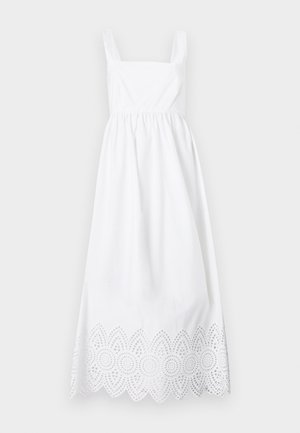 Robe maxi blanche sans manches avec un décolleté carré et un bord en dentelle délicatement festonné.