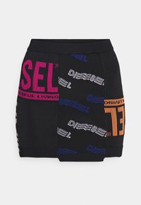 Zwarte gebreide rok met verschillende logo-patronen in roze, blauw, wit en oranje. Elastische tailleband, aansluitend ontwerp en textiele stof.