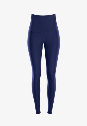 Leggings taille haute, ajustés, en tissu bleu marine foncé avec une texture lisse et sans motifs ni accents visibles.