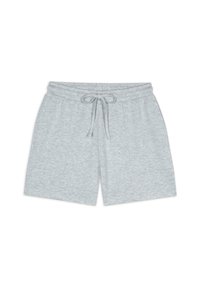 Shorts en jersey gris clair avec une taille élastique et cordon de serrage, deux poches latérales et une coupe décontractée. Texture lisse sur l'ensemble.