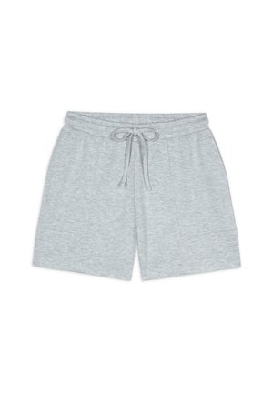 Light gray jersey shorts featuring an elastic waistband with drawstring, two side pockets, and a relaxed fit. Smooth texture throughout.