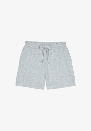 Pantaloni shorts in jersey grigio chiaro con vita elasticizzata e cordoncino, due tasche laterali e una vestibilità comoda. Tessuto liscio su tutta la superficie.