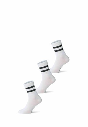 Trois chaussettes blanches montantes avec deux bandes horizontales noires près du haut, présentées sur un fond blanc uni.