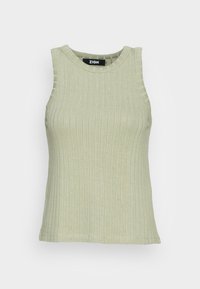 Jasnozielony, żeberkowany top na ramiączkach z okrągłym dekoltem i bez rękawów. Miękka w dotyku faktura z delikatnymi pionowymi liniami i prostym dołem.