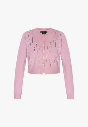 Różowy kardigan z dekoltem w serek, długimi rękawami i ozdobnymi srebrnymi cekinami ułożonymi pionowo. Posiada cztery okrągłe guziki z przodu.