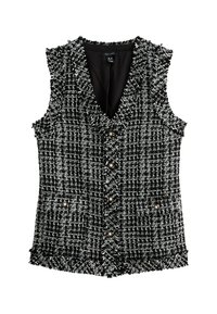 Schwarz-weißes Tweedweste mit strukturiertem Muster, V-Ausschnitt, fünf Knöpfen und zwei vorderen Taschen mit Knopfakzenten. Ausgefranste Kanten.