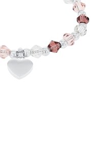 Perlenarmband mit pinken und klaren Kristallperlen, silbernen Metalldetails und einem herzförmigen Charm. Kompaktes und dekoratives Design.