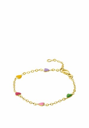 Goldene Kettenarmband mit abwechselnd farbigen, herzförmigen Akzenten in Gelb, Lavendel, Pink und Grün. Sichere Schließe.