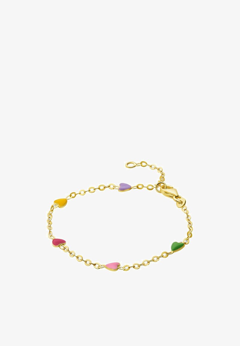 Auksinė grandinėlė apyrankė su pakaitomis išsidėsčiusiais spalvingais širdelės formos akcentais, geltonos, levandų, rožinės ir žalios spalvų. Patikima užsegimo sistema.