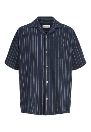 Donkerblauw overhemd met korte mouwen, witte verticale strepen en een borstzak, met het label Jack & Jones.