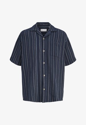 Donkerblauw overhemd met korte mouwen, witte verticale strepen en een borstzak, met het label Jack & Jones.