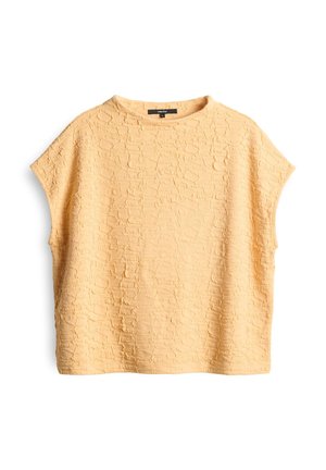 Texturiertes gelbes Oberteil mit rundem Ausschnitt und Cap-Ärmeln. Hergestellt aus leichtem Material, mit einem subtilen geprägten Muster throughout.