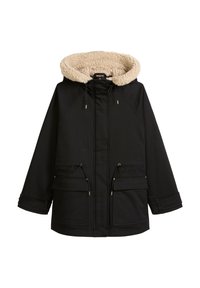 Zwarte parka-jack met een beige nep-bont gevoerde capuchon, twee voorzakken, aansnoerbare taille en ritssluiting. Kenmerkt zich door gouden accenten.