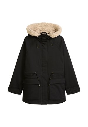 Zwarte parka-jack met een beige nep-bont gevoerde capuchon, twee voorzakken, aansnoerbare taille en ritssluiting. Kenmerkt zich door gouden accenten.