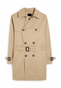 Beige trench coat s dvouřadým zapínáním, knoflíkovými detaily, širokým límcem, opaskem s přezkou a bočními kapsami. Vyrobeno z odolného materiálu.