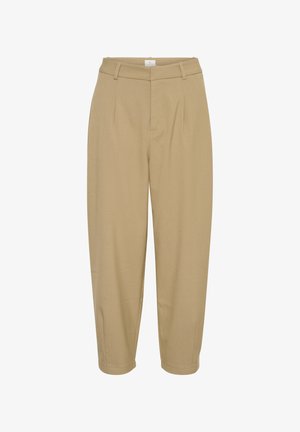 Khaki broek met een getailleerde pasvorm, featuring een hoge taille, twee voorkragen en taps toelopende benen; gladde stof zonder patronen of versieringen.