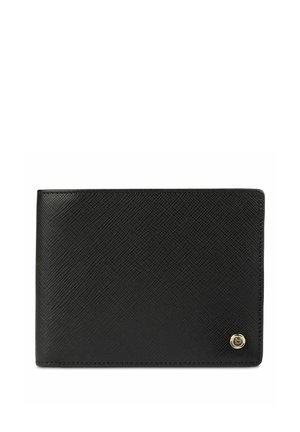 Black textured leather bi-fold wallet with small round gold logo emblem in bottom right corner, shown closed on white background.