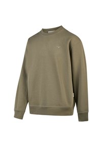 Olivenfarbener Sweatshirt aus weichem Baumwollmix, mit Rundhalsausschnitt, langen Ärmeln und einem kleinen, auf die Brust gestickten Logo.