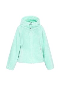 Mentazöld polárdzseki kapucnival, elől cipzáras zárral, puha tapintású, oldalán zsebekkel. Egyszerű kialakítás minták vagy díszek nélkül.