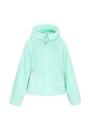 Mintunvihreä fleecejakku hupulla, jossa on vetoketju edessä, pehmeä tekstuuri ja sivutaskut. Yksinkertainen muotoilu ilman kuvioita tai koristeita.