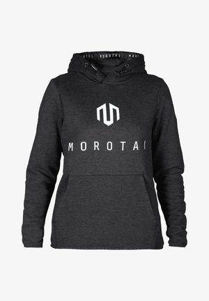Zwarte pullover hoodie met koord, voorzak en witte logo-accent. Gemaakt van zachte stof; heeft een losse pasvorm en lange mouwen.