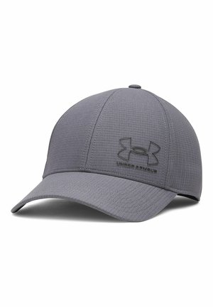 Grijze Under Armour baseballpet met gebogen klep en gestructureerde stof, met een zwart logo aan de voorkant.