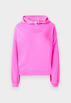 Pink cropped hoodie made of soft fabric, featuring a drawstring hood and a subtle GAP logo in the center. Ribbed cuffs and hem.