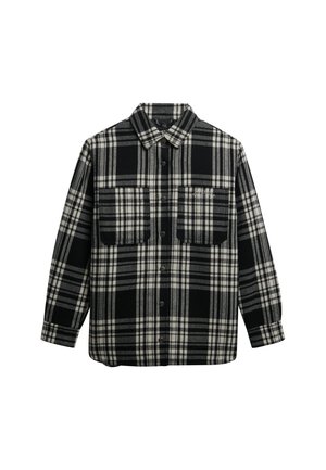 Sorte og hvide ternet skjortejakke med to brystlommer, knaplukning og lange ærmer. Lavet af et blødt, struktureret stof.