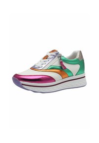 Bunt gefärbter Sneaker mit metallischen Tönen in Pink, Grün, Orange und Weiß. Die Zwischensohle hat ein strukturiertes Design mit einem Reißverschlussdetail.