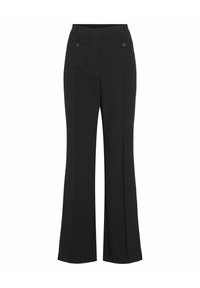Zwarte wijde pantalon met een gladde textuur, voorzien van twee zijzakken en een knopenaccent, ontworpen met een aansluitende tailleband.