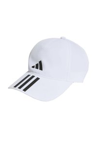Cappello bianco in tessuto con visiera curva. Logo Adidas nero e tre strisce decorano il pannello frontale. Chiusura posteriore regolabile.
