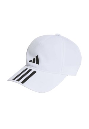 Gorra blanca de tela con visera curva. Logo de Adidas en negro y tres franjas adornan el panel frontal. Cierre trasero ajustable.