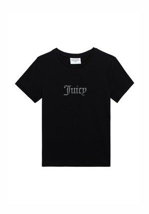 Schwarzes Juicy Couture T-Shirt mit kurzen Ärmeln, Strassschriftzug "Juicy" auf der Vorderseite und rundem Halsausschnitt.