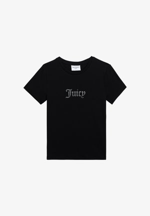 Schwarzes Juicy Couture T-Shirt mit kurzen Ärmeln, Strassschriftzug "Juicy" auf der Vorderseite und rundem Halsausschnitt.