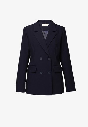 Navy double-breasted blazer with peak lapels, two front pockets, and button closure. Made of a textured fabric, sleek and tailored fit.