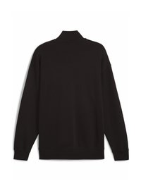 Sort pullover med høj krave, lavet af et struktureret strikket stof. Har sænkede skuldre og ribbede manchetter ved ærmerne og kanten.