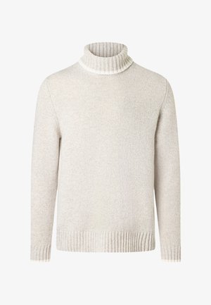 Vaaleanbeige neulottu pooloneule, jossa on resorikaulus, resorireunukset hihansuissa ja helmassa, pitkät hihat ja pehmeä, teksturoitu kangas.