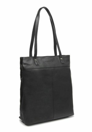 Sac fourre-tout en cuir noir avec de longues bandoulières, forme rectangulaire, détails de couture minimalistes et logo en relief subtil sur le devant supérieur.