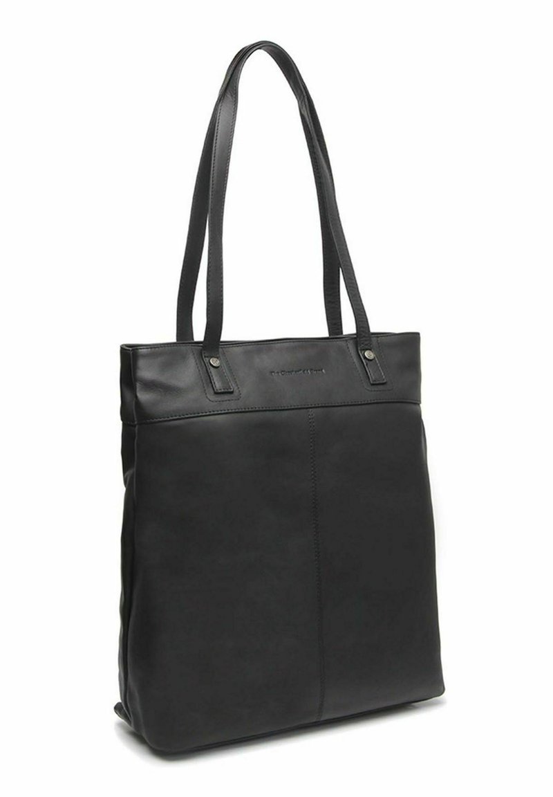Zwarte leren tote bag met lange schouderbanden, rechthoekige vorm, minimale stikdetails en subtiel reliëflogo op de bovenkant aan de voorkant.