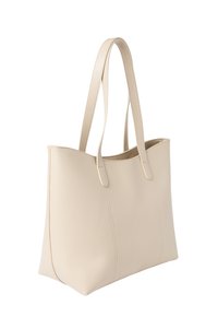 Beige-tote laukku, joka on valmistettu sileästä keinonahasta, jossa on kaksi pitkää kahvaa ja jämäkkä muoto, jossa on hienovaraisia ompeluyksityiskohtia.