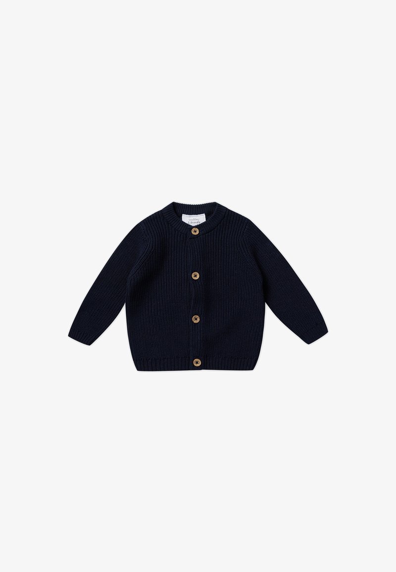 Cardigan a costine blu navy con maniche lunghe, collo rotondo e quattro bottoni in legno sul davanti. Texture morbida e design aderente.