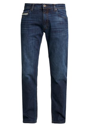 Blue denim jeans featuring a classic straight fit, five-pocket design, and subtle fading, with a metal button closure at the waist.