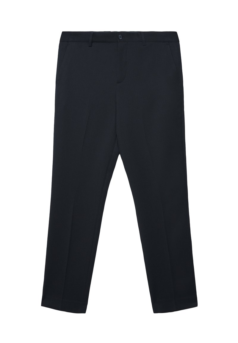 Navyblaue, maßgeschneiderte Hose mit flachem Bund, zwei seitlichen Taschen und Knopfverschluss. Hergestellt aus einem strukturierten Stoff. Gerades Bein-Design.