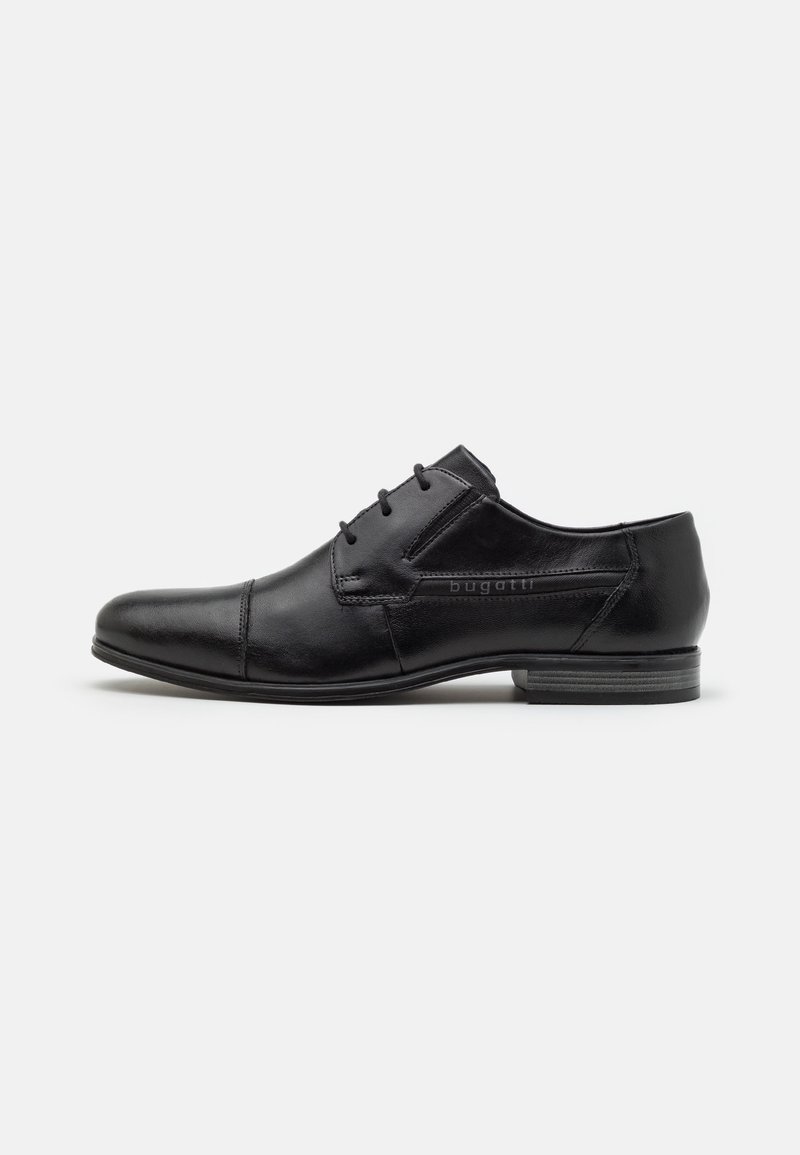 Black leather dress shoe with a rounded toe, lace-up design, and smooth texture. Features a branded side and low stacked heel.