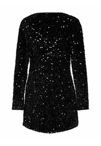 Czarna sukienka z cekinami, z długimi rękawami, okrągłym dekoldem i lekko rozszerzonym dołem. Posiada teksturowaną, błyszczącą powierzchnię z odblaskowymi akcentami.