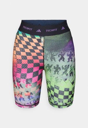 Multicolored athletic shorts with a checkered pattern, featuring shades of orange, pink, green, and purple. Made from stretchy material.