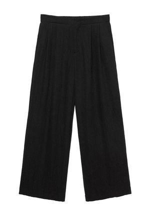 Pantalon noir à jambes larges avec des plis à la taille et un devant plat, fabriqué en tissu léger.